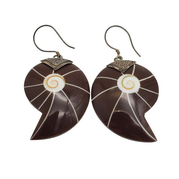 Sterling Silver Brown Resin Earrings Nautilus Shell Boho Beach Holiday 925 Vtg - Picture 2 of 5